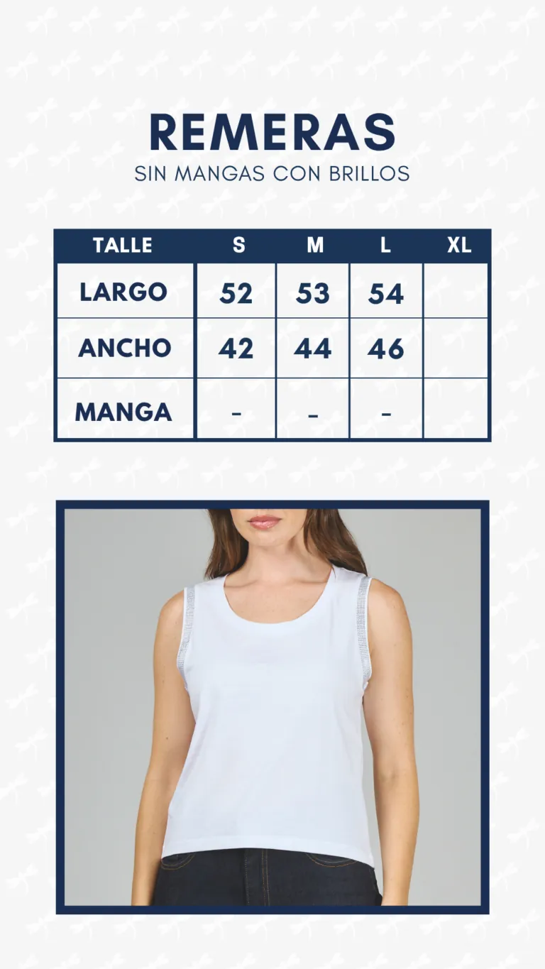 Tabla de medidas · Remera sin manga con brillos