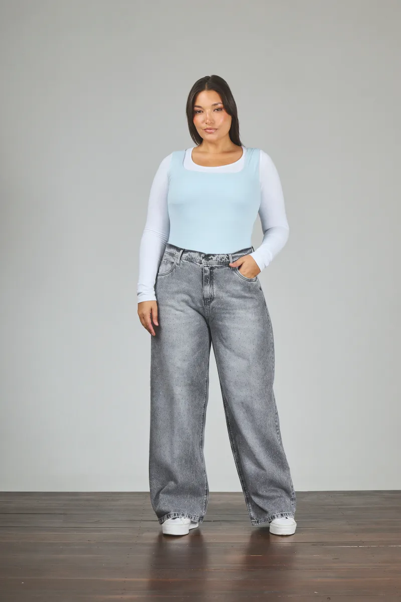 ART. 853 | WIDE LEG GRIS CON STRASS RÍGIDO