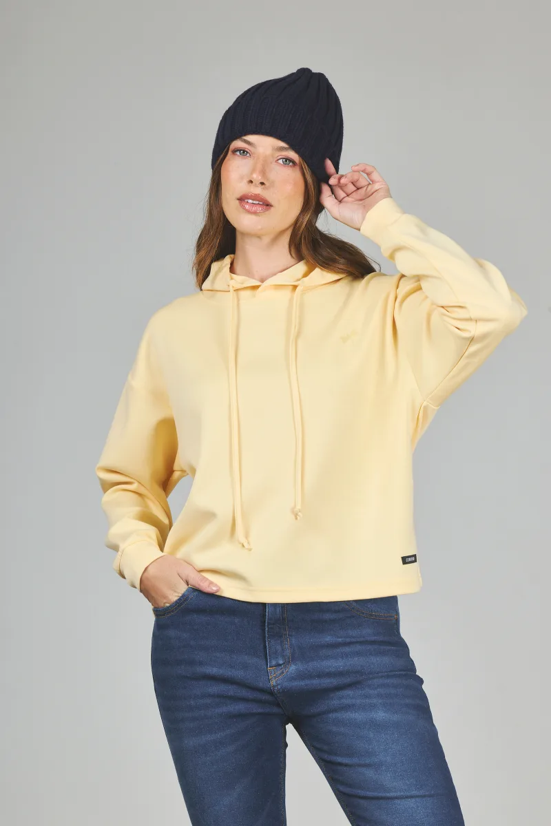 ART. A-65 | BUZO CROP AMARILLO CON CAPUCHA LIBELULA